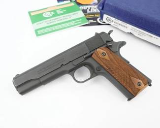 Serial # 2943333 Condition: Excellent A tribute to the revered Commercial Government Model pistols of the past, the 1911 Classic features the Series 70 firing system and roll marks, national match barrel, staked on front sights, and spurred hammer. Chambered in .45 ACP and blued, this firearm is a pure and simple 1911, designed for you to make it your own. This pistol comes with the original box and is in excellent condition showing normal signs of use and wear. 