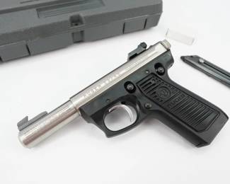 This Ruger Mark II 22/45 Was manufactured in 1999 Features a 5 inch barrel and is chambered in 22 LR. This Pistols comes with the original box and 2 Mags. This pistol is in excellent condition showing normal signs of use and wear.