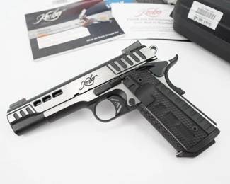 The RAPIDE (DN,NS). A truly unique 1911 with stepped cocking serrations, slide lightening cuts for faster lock time and TiN coated barrel for extreme durability. Equipped with Kimber Stiplex TM front strap stippling and the new G10 WavZ TM grips for extra griping confidence. The pistol is new in the box and comes with one magazine and the paperwork.