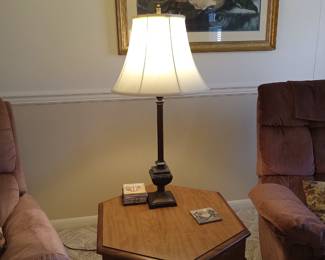 Lamp, matching wood end table with storage, framed art