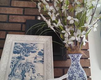 Framed blue & white Toile, vase with floral, ceramics