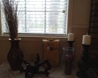 Vase, plant stand. Wine box, candlesticks