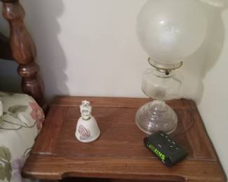 Wooden Night stand in Queen bed suit. Oil lamp, bell