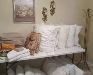 Tons of pillows, king size, regular,  European. Coat rack, rugs