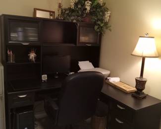 L shaped office desk with storage, office chair, lamp, computer games, 