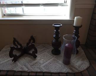 Wood stand for pot, pair of wood candlesticks, large candle with hurricane glass