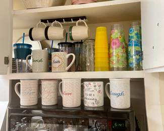 Microwave, coffee mugs, glassware, plastic