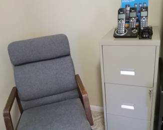 Office chair, file cabinet,  phones
