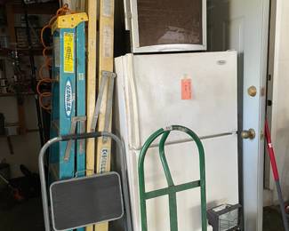 Refrigerator, wine frig, ladders, hand trucks 