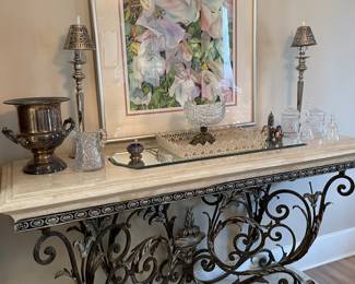 Marble top wrought iron console table 