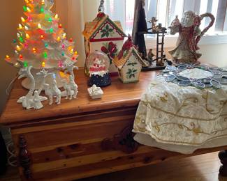 Cedar chest, ceramic Christmas tree