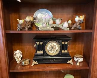 Antique clock, piano planter by Red Wing
