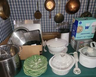 Plates, stock pot, kitchen appliances