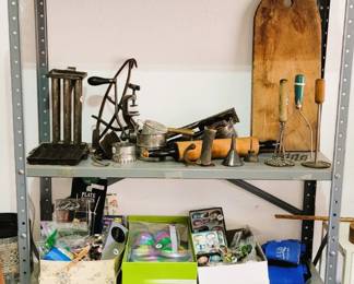 Antique kitchen tools, shoe form, mirror