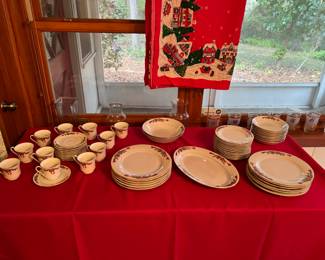 Christmas dishes and VTG tablecloth