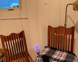 Pieced wood chairs, woolen blanket