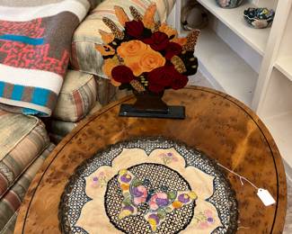 Doilie with lots of crewel, French knots etc, folk art painted floral