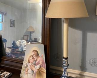 Frames, dresser boxes, asian candle holder, religious art