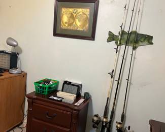 Fishing items, map, rods & reels