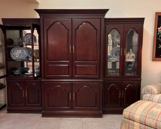 Entertainment armoire and set of 2 lighted display cabinets