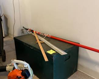 Army type chest, yard tools, limb cutter, blower