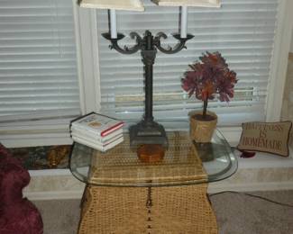 Wicker chest with glass top and lamp