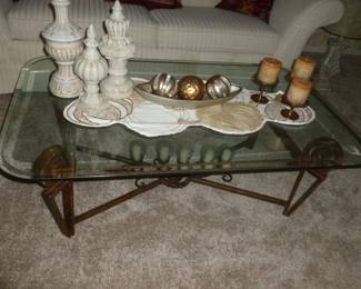 Glass and wrought iron coffee table and misc decor