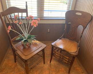 2 early side chairs w/leather bottoms