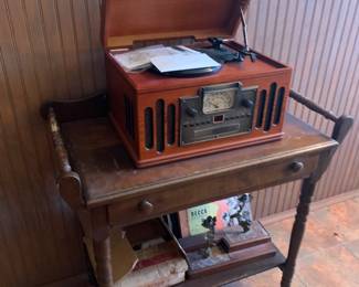Small washstand and reproduction turn table/radio.