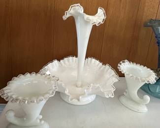 Fenton milk glass Epergne and cornucopias 