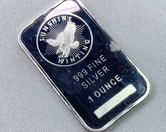 1oz Silver Bar, Sunshine Minting .999 Fine