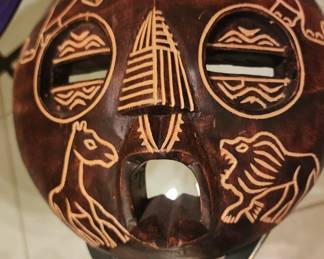 African Carved Mask Etched Animals Giraffe Lion Rabbit Turtle