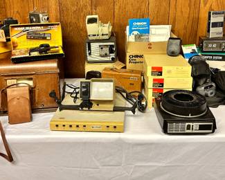 Vintage Polaroid, JC Penney pocket recorder, Data shield, Kodak Carousel projector, Canon sprint camera, Pentax camera, canon video recorder, Sears Roebuck vintage transmitter, Kodak Brownie 8, Kodak Brownie Bulls Eye, Kodak tele-ektra, etc.