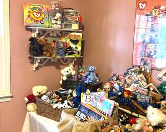 Variety of Beanie Babies, McDonald Ty Mini babies, Vintage Disney Stuffed Animals and Vintage Teddy Bears