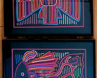 Two vintage Mola hand stitched Kuna native San Blas Indian artworks
