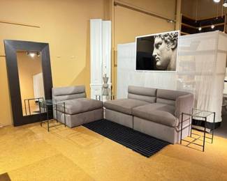 ROBIN BRUCE THREE PIECE MODULAR SECTIONAL, SIDE TABLES GLASS, LARGE MIRROR AND ACRYLIC GREEK ART