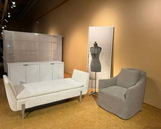 BAKER BARBARA BARRY BENCH, ROBIN BRUCE SLIP COVERED SWIVEL CHAIR AND ROWE SIDEBOARD WITH WINE RACKS, SOFT CLOSING