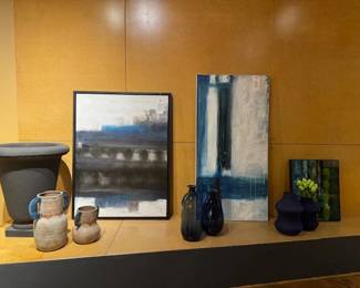 HAND PAINTED LOCAL ARTIST ART, FRAMED, ACRYLIC AND NATURAL, NEW VASES AND POT