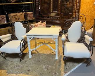 Antique French Iron and Fabric Chairs, Chinoisere Table