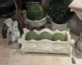 Pair extra large cement rectangular and round planters