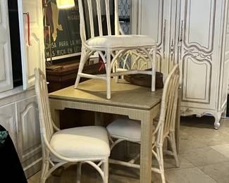 Grasscloth wrapped game table - Cathedral back rattan chairs
