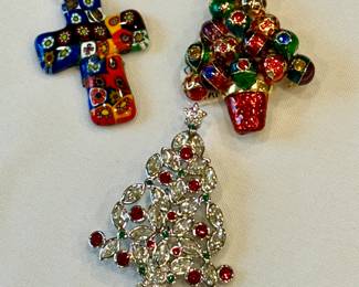 Christmas tree brooches: Christopher Radko (top, R) and Swarovski (bottom)