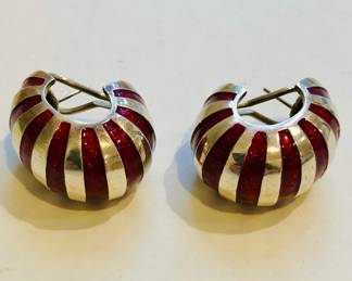 Tiffany & Co. sterling silver and red enamel stripe shrimp-design earrings