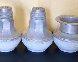 Hoosier Cabinet Salt & Pepper Shakers w/ Matching Toothpick Holder (Selling As A Set of 3) Milk Glass & Aluminum Tops