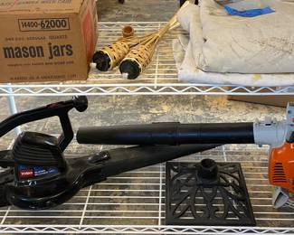 Vintage Ball Mason Jars in Original Box, Tiki Torches, Drop Cloths, TORO Electric Blower, STIHL Gas Blower, Cast Iron Umbrella Stand