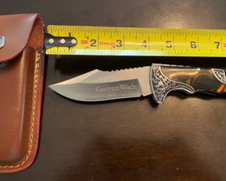 Garrett Wade Damascus Folding Blade Knife w/ Sheath Like New