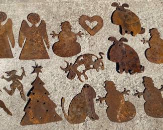 Multiple Pieces of Metal Rusty Yard Garden Art Lawn Decor (9”-17”) Dog, Snowmen, Ladies, Cow, Heart, Christmas Trees