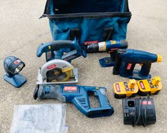 Ryobi Power Tool Set Cordless 18v volt • Drill, Saw, Two Batteries, Charger, Impact, Flashlight, extras, Carry Bag