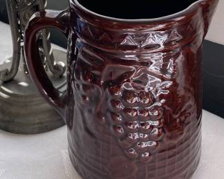 Uhl Pottery Brown Stoneware Pitcher Grape Clusters & Rickrack Lattice North Star