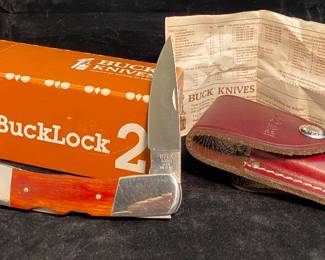 Buck 535 Bucklock #2 Knife Rosewood Handles & Leather Sheath Mint In Box w/ Paper